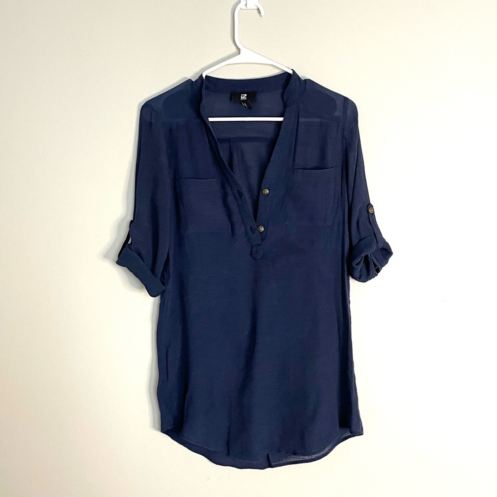 Iz Byer Blue 3/4 Sleeve Polo Collar Blouse